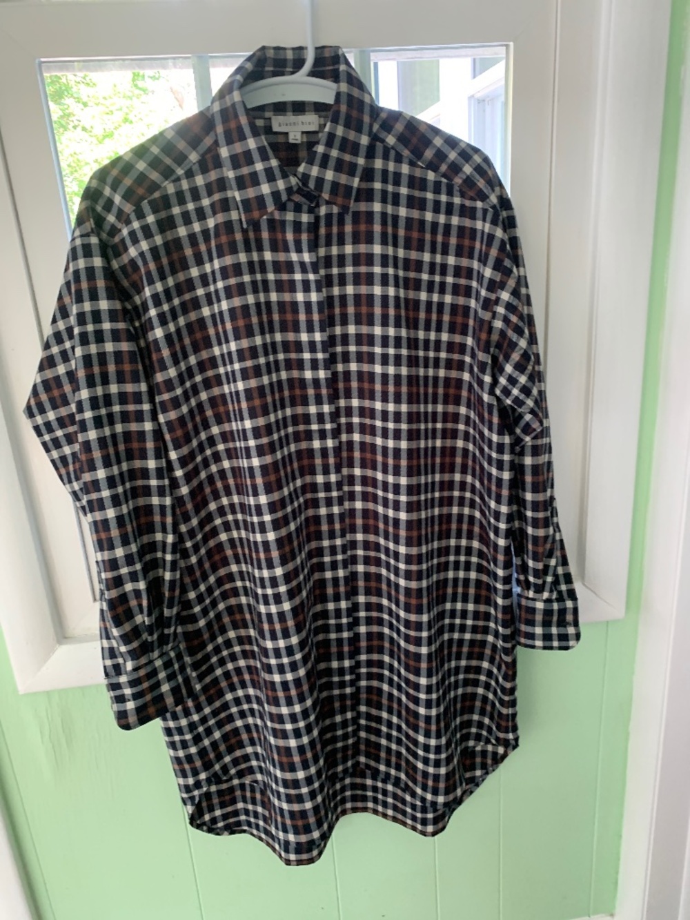 Gianni Bini Navy, White & Brown Plaid Button-Down Shirt Dress